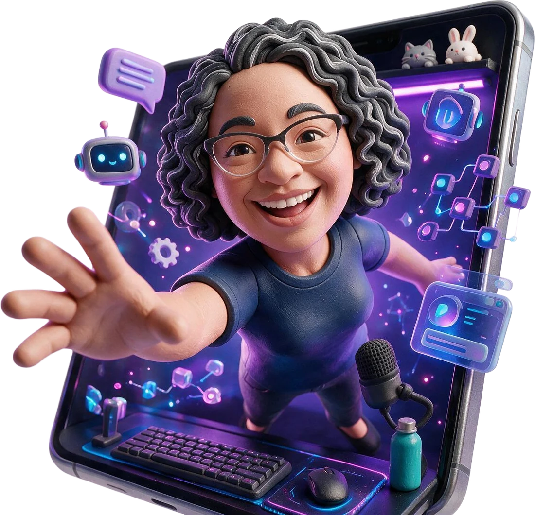 Olga saliendo de la pantalla de un móvil, rodeada de elementos de inteligencia artificial